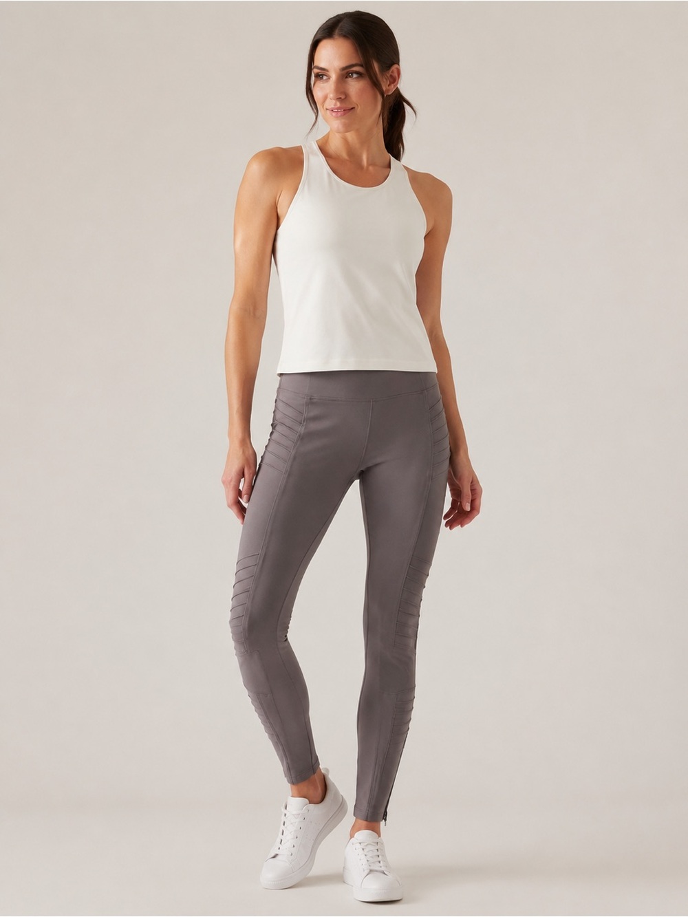 Athleta Delancey Moto Tight Leggings Taupe Gray Small Ankle Zip